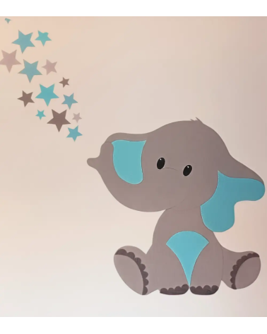 Behangsticker babykamer baby olifant lichtblauw met sterren.