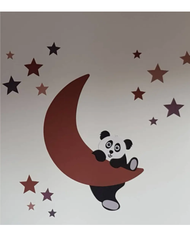 Behangsticker babykamer hangende pandabeer op de maan met sterren roest.