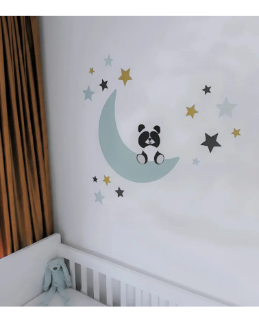 Behangsticker babykamer mintgroene maan met panda en okergele sterren.