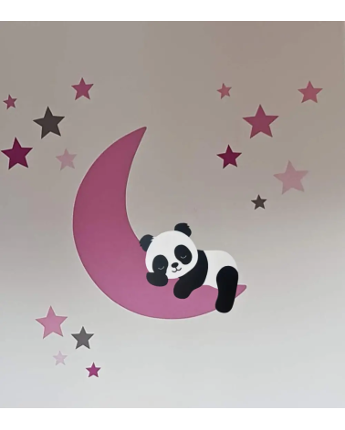 Behangsticker slapende pandabeer op fel roze maan.