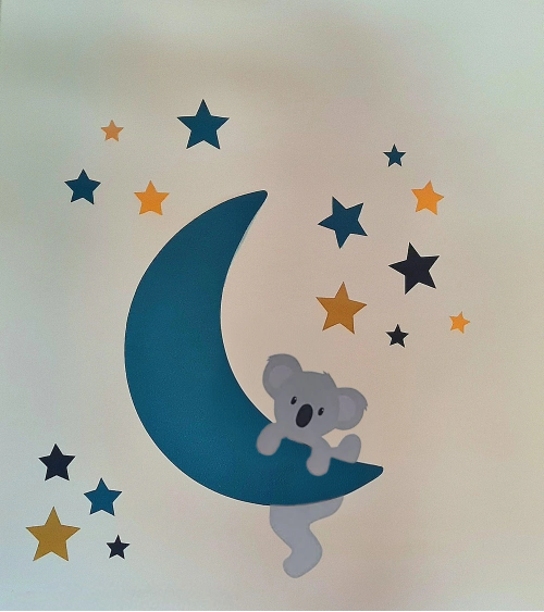 Kinderkamer behangsticker met een hangend koalabeertje aan een petrol maan met petrol en oker kleurige sterren.