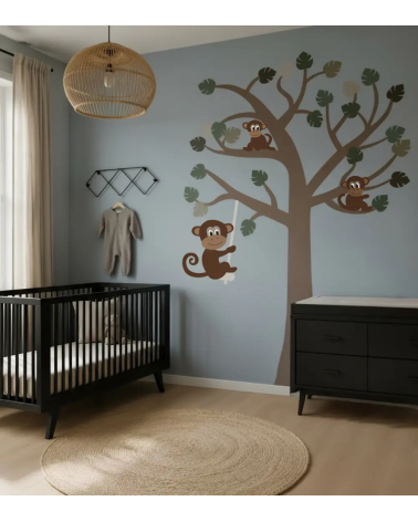 Jungle boom behangsticker met aapjes in een jeans blauwe jongens babykamer.