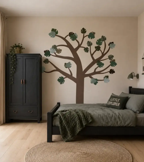 Jungle boom muurdecoratie in donkergroene kleurtinten in een stoere jongenskamer met donkergroen en zwart.