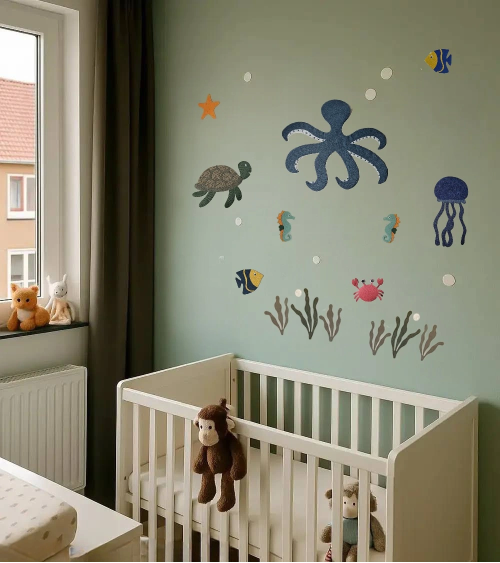Oceaan behangstickers in groene babykamer.