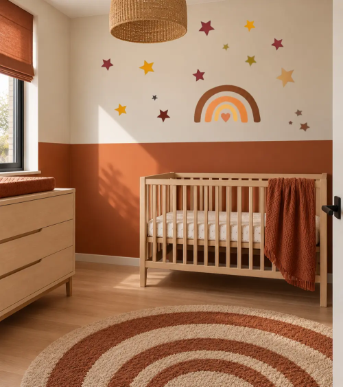 Boho Regenboog behangsticker terra, oker, oranje voor de babykamer.