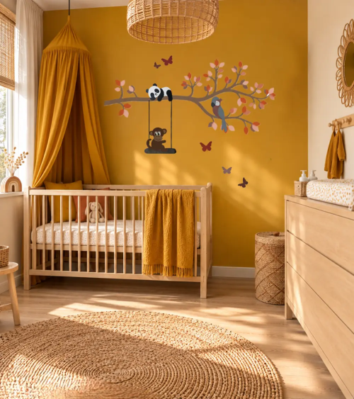 XL sierlijke tak behangsticker babykamer in roze en terracotta op een okergele wand.