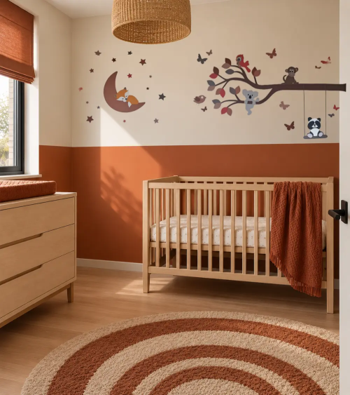 Combi deal behangsticker vosje op maan en tak met dieren in een terracotta babykamer.