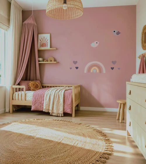 Regenboog behangsticker met hartjes en vogeltjes in roze meisjeskamer.