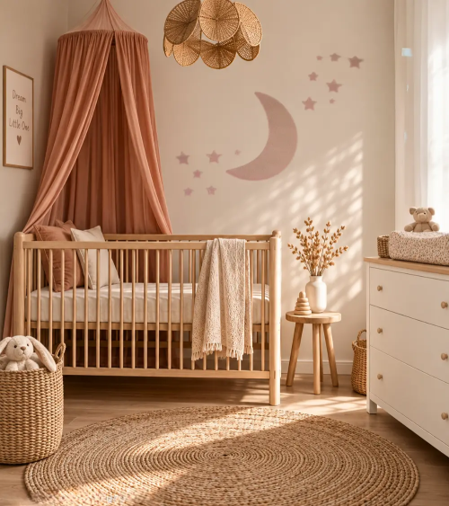 Oud roze maan behangsticker in een roze meisjesbabykamer.