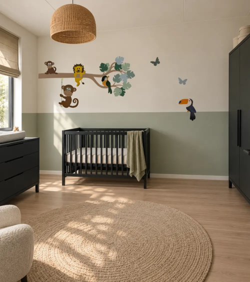 Jungle tak behangsticker met jungledieren in groene babykamer.