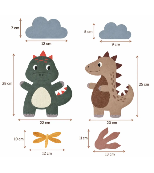 Afmetingen van de losse behangstickers uit de speelse dino set muurdecoratie voor de kinderkamer.