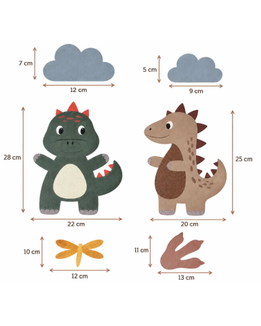 Afmetingen van de losse behangstickers uit de speelse dino set muurdecoratie voor de kinderkamer.