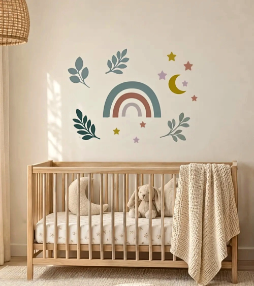Boho set behangstickers kinderkamer in olijfgroen, terracotta, mosterdgeel en oudroze.