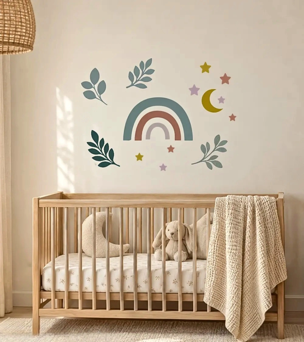 Boho set behangstickers kinderkamer in olijfgroen, terracotta, mosterdgeel en oudroze.