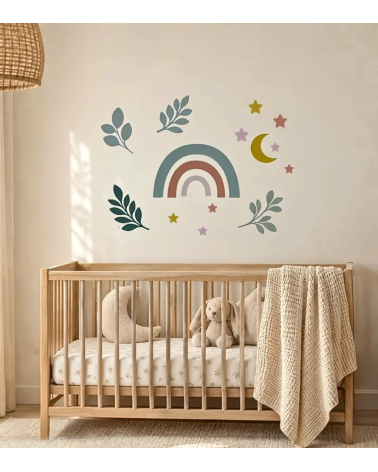 Boho set behangstickers kinderkamer in olijfgroen, terracotta, mosterdgeel en oudroze.