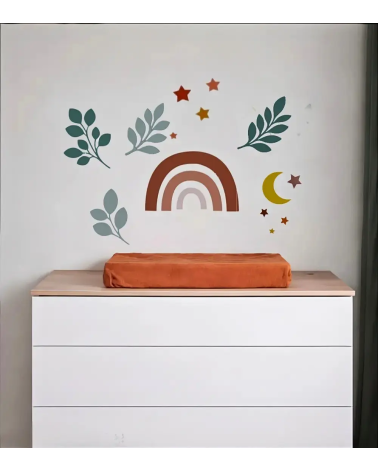 Set boho behangstickers voor de baby- en kinderkamer in roest en terracotta met olijfgroene boho bladeren.