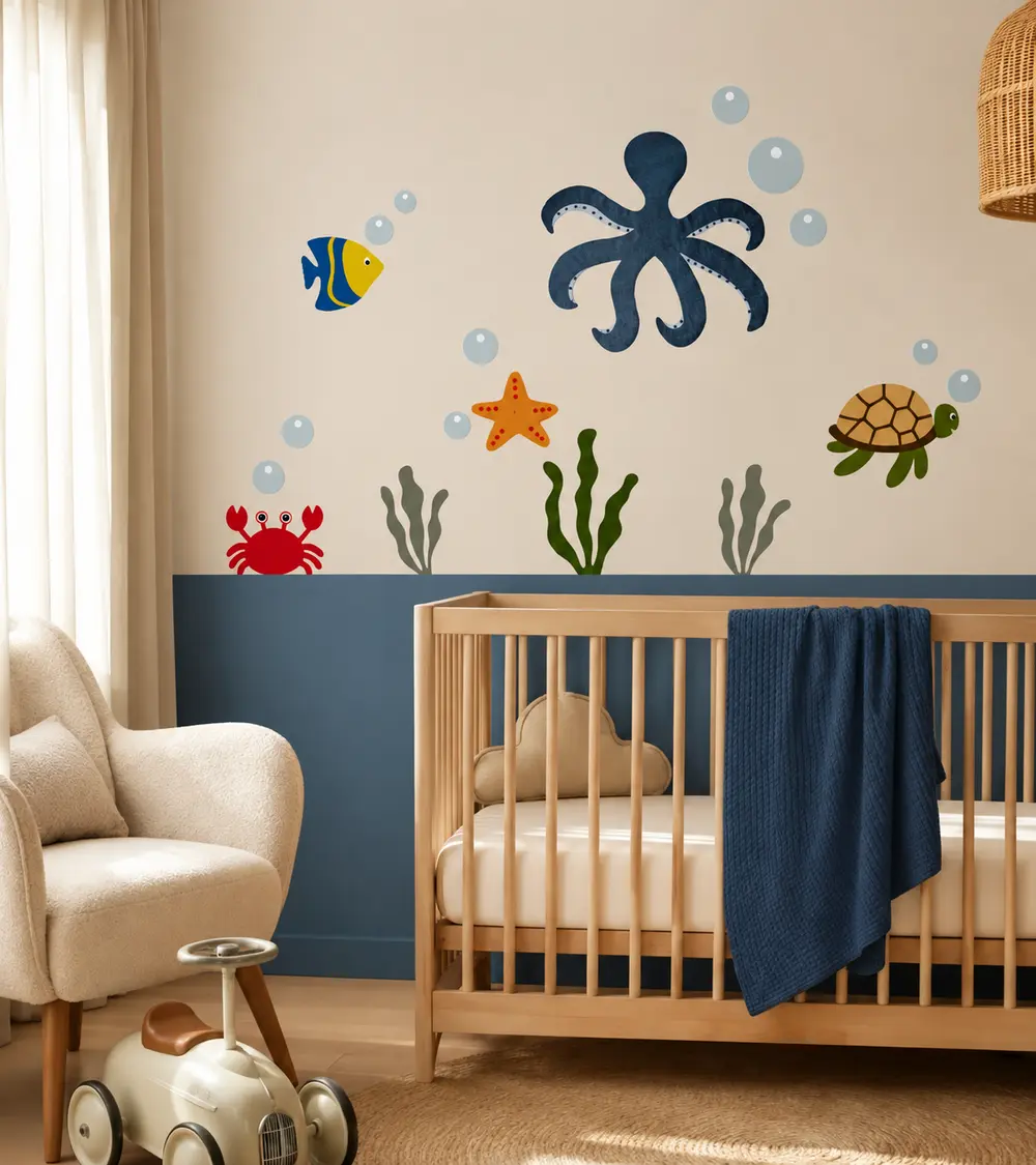 Oceaan behangstickers in blauwe kinderkamer met een octopus, krab, vis en schildpad.
