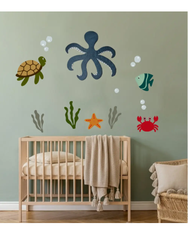 Oceaan muurdecoraties set voor de babykamer met schildpad, octopus en visjes.