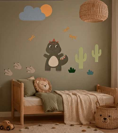 Groene jongenskamer met dino behangstickers.