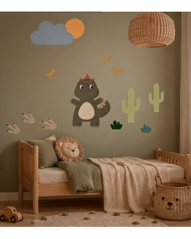 Groene jongenskamer met dino behangstickers.