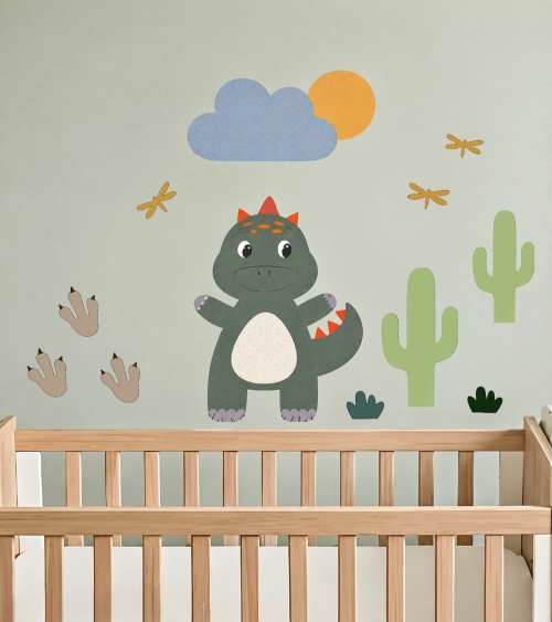 Groene, schattige dino behangdecoratie kinderkamer