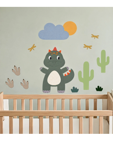 Groene, schattige dino behangdecoratie kinderkamer