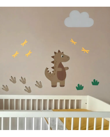 Bruine dino behangsticker set in beige en okergele kinderkamer.