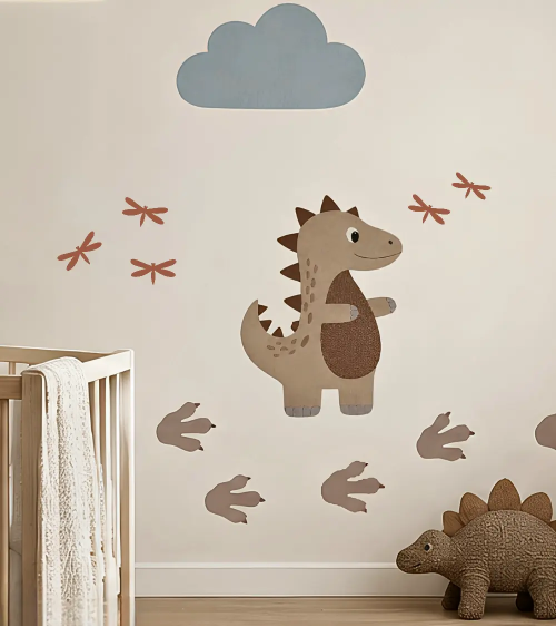 Dino muurdecoratie set van behang in een beige kinderkamer.