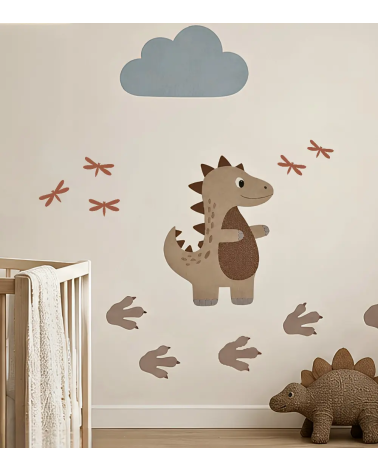 Dino muurdecoratie set van behang in een beige kinderkamer.