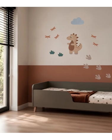 Bruine dino set behangstickers in terracotta kinderkamer.