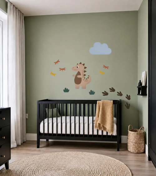 Bruine dino muurdecoratie set ongeveer olijfgroene babykamer.