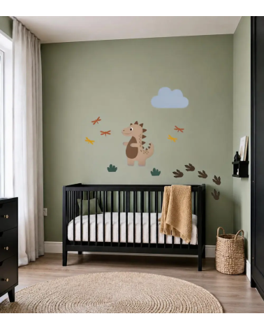 Bruine dino muurdecoratie set ongeveer olijfgroene babykamer.
