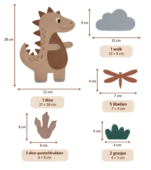Afmetingen bruine dino behangsticker set.