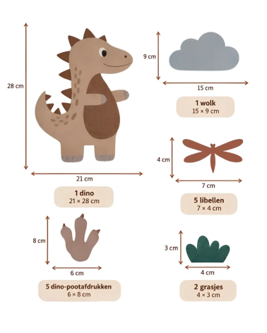 Afmetingen bruine dino behangsticker set.