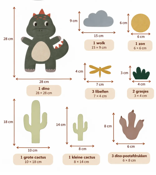 Afmetingen groene dino behangsticker set.