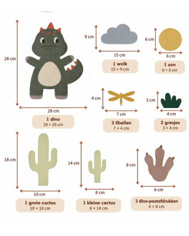 Afmetingen groene dino behangsticker set.
