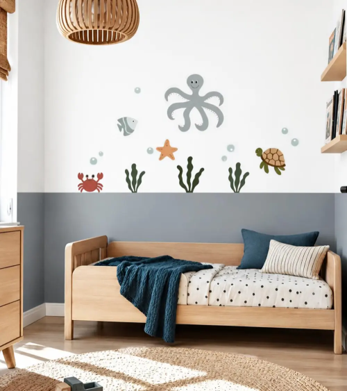 Oceaan behangstickers voor de baby- en kinderkamer met een groene octopus .