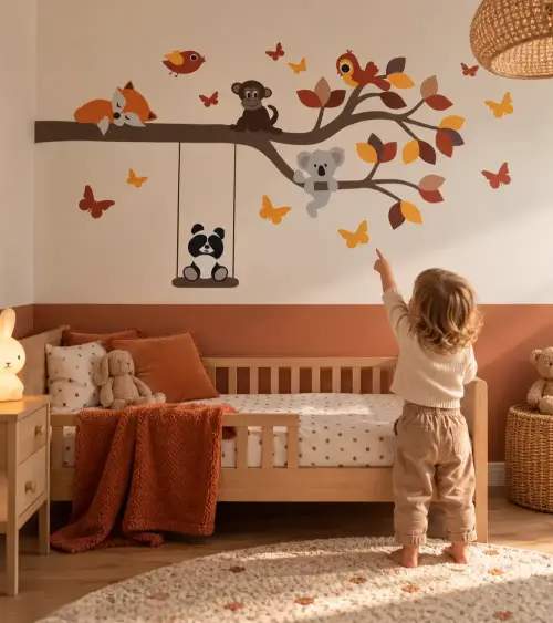 Behangsticker kinderkamer tak met vrolijke dieren in roest, terracotta, rood en okergeel.