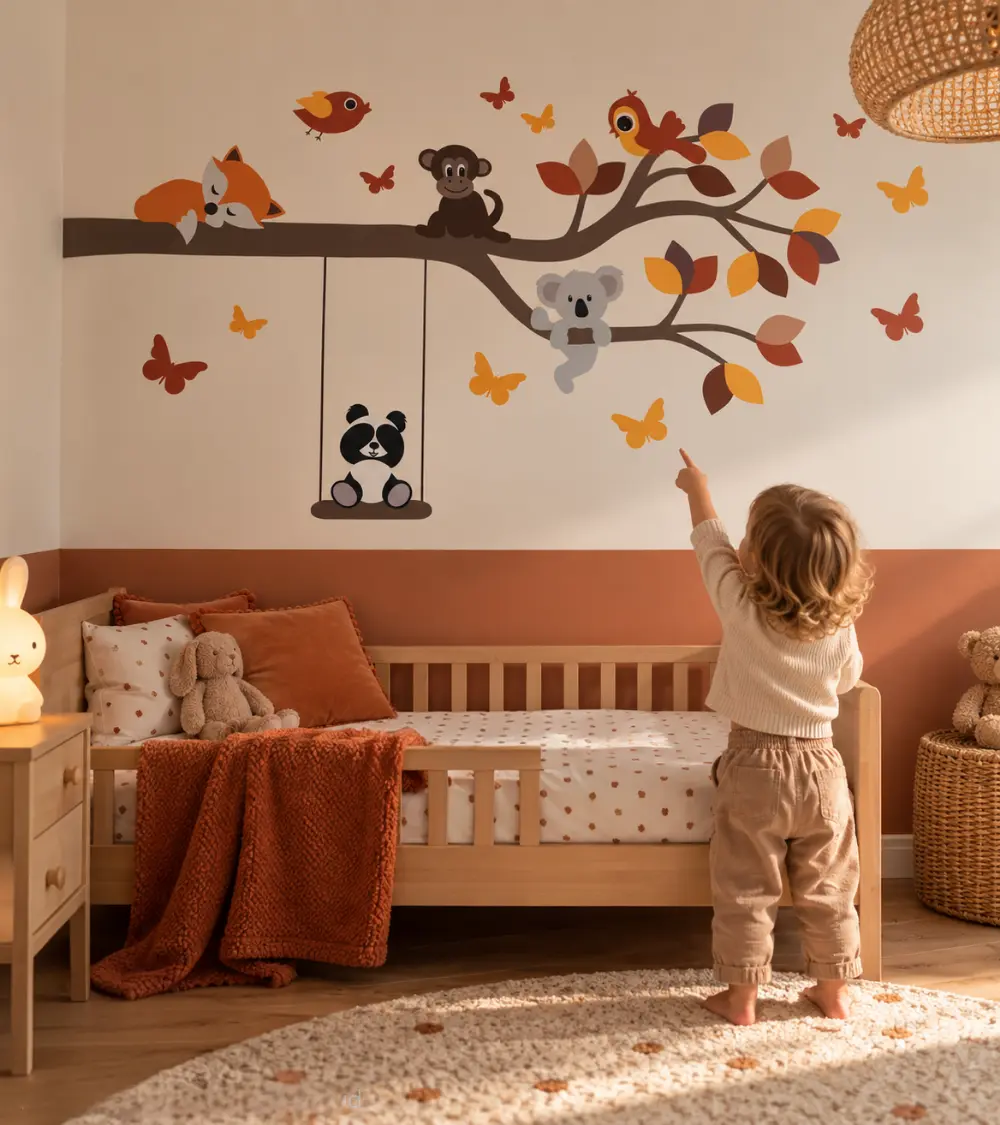 Behangsticker kinderkamer tak met vrolijke dieren in roest, terracotta, rood en okergeel.