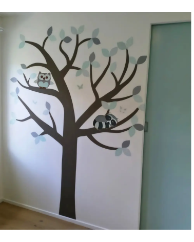 Mintgroene behangboom met bosdieren in een mintgroene kinderkamer.