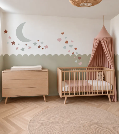Een meisjeskamer in olijfgroen en poederroze met een set boho hartjes en boho maan met sterren wanddecoratie.
