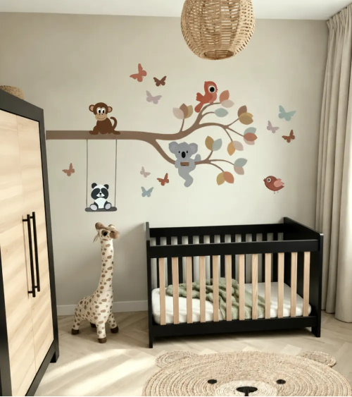 Wanddecoratie Babykamer tak met vrolijke dieren oudroze, terracotta, oudgroen en goud.