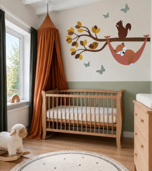 Een okergele bosdieren tak met een slapend vosje in een hangmat in een saliegroen en terracotta babykamer