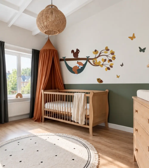 Bosdieren tak wanddecoratie kinderkamer met vos in hangmat in okergeel en donkergroen.