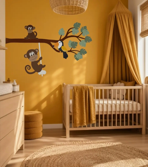 Muursticker jungle tak met aapjes en toekan in een okergele babykamer.