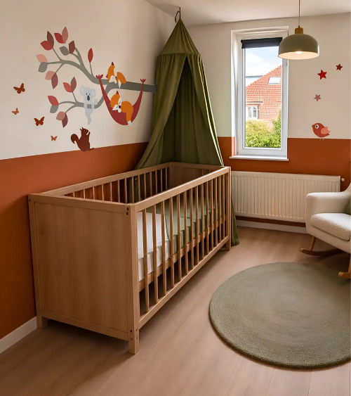 Muursticker babykamer van een bosdierentak met een slapend vosje in een hangmat in roest en rood.
