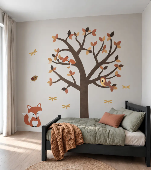Behangboom muurdecoratie kinderkamer okergeel, oranje met vosjes.