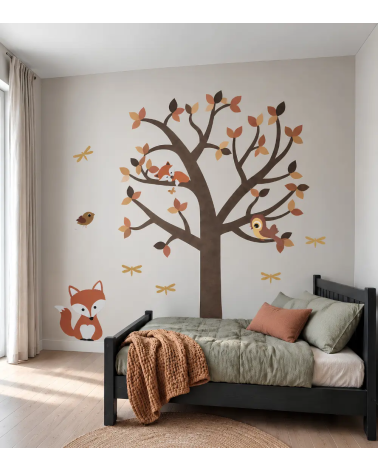 Behangboom muurdecoratie kinderkamer okergeel, oranje met vosjes.