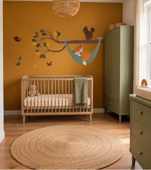 Bosdieren muurdecoratie okergele babykamer, tak met vosje in hangmat in oker, roest rood, groen.